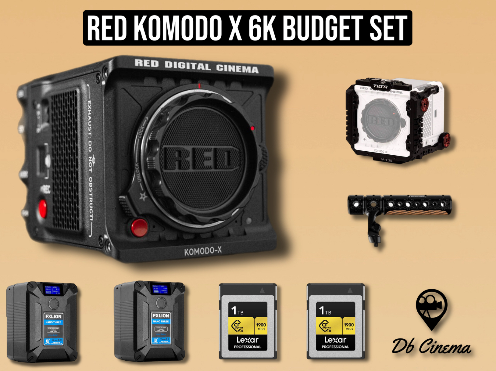 Red komodo x 6k digital cinema camera basic set 2x v-mount battery + 2 tb card + cage