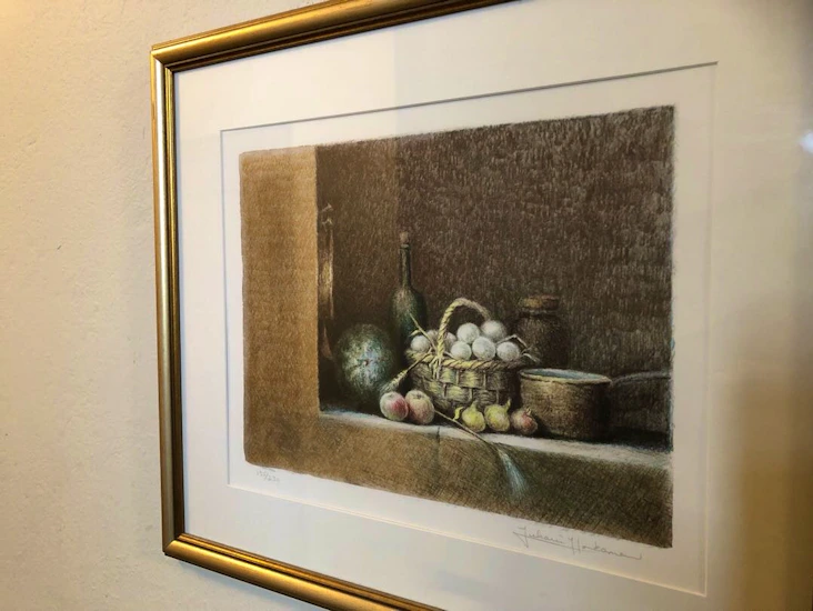 Konst. tavla i passpartou och guldram