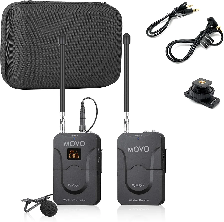 Movo wmx-7 vhf 12-channel wireless lavalier microphone system with 1 receiver and 1 transmitter