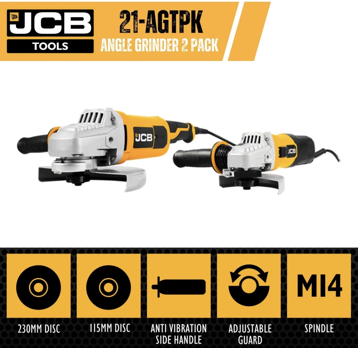 Jcb electric angle grinder twin pack 600 & 2000w, 115 & 230mm