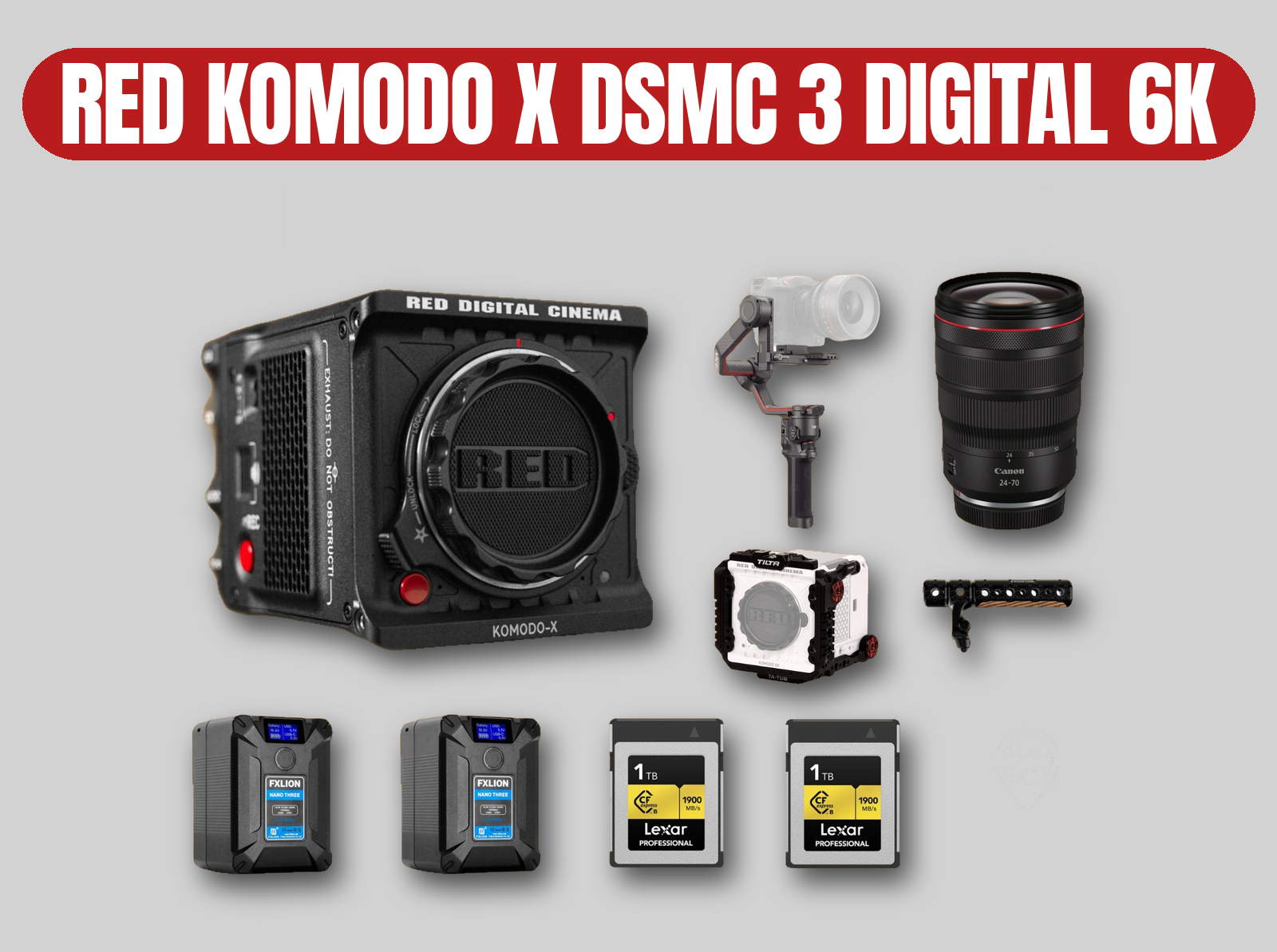 Red komodo x dsmc 3 digital 6k cinema camera kit | canon rf 24-70mm f2.8 zoom lens / dji rs 3 pro gimbal / v-mount / cfexpress