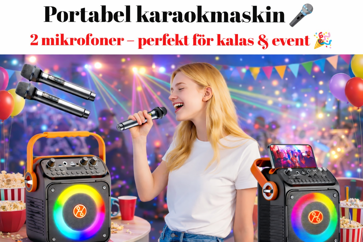 Mindre, portabelt karaokepaket – med dubbla trådlösa mikrofoner och ljusshow