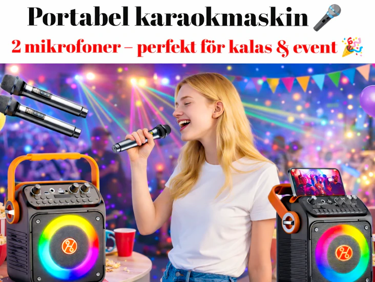 Mindre, portabelt karaokepaket – med dubbla trådlösa mikrofoner och ljusshow