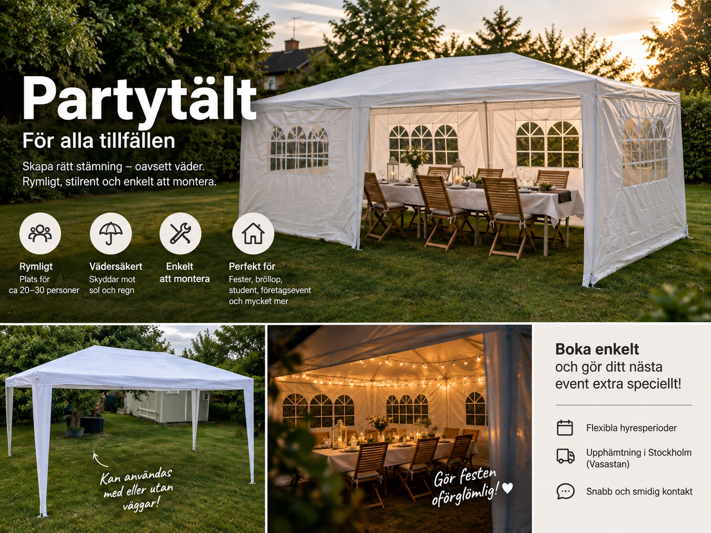 Partytält 18kvm (6 x 3 meter)