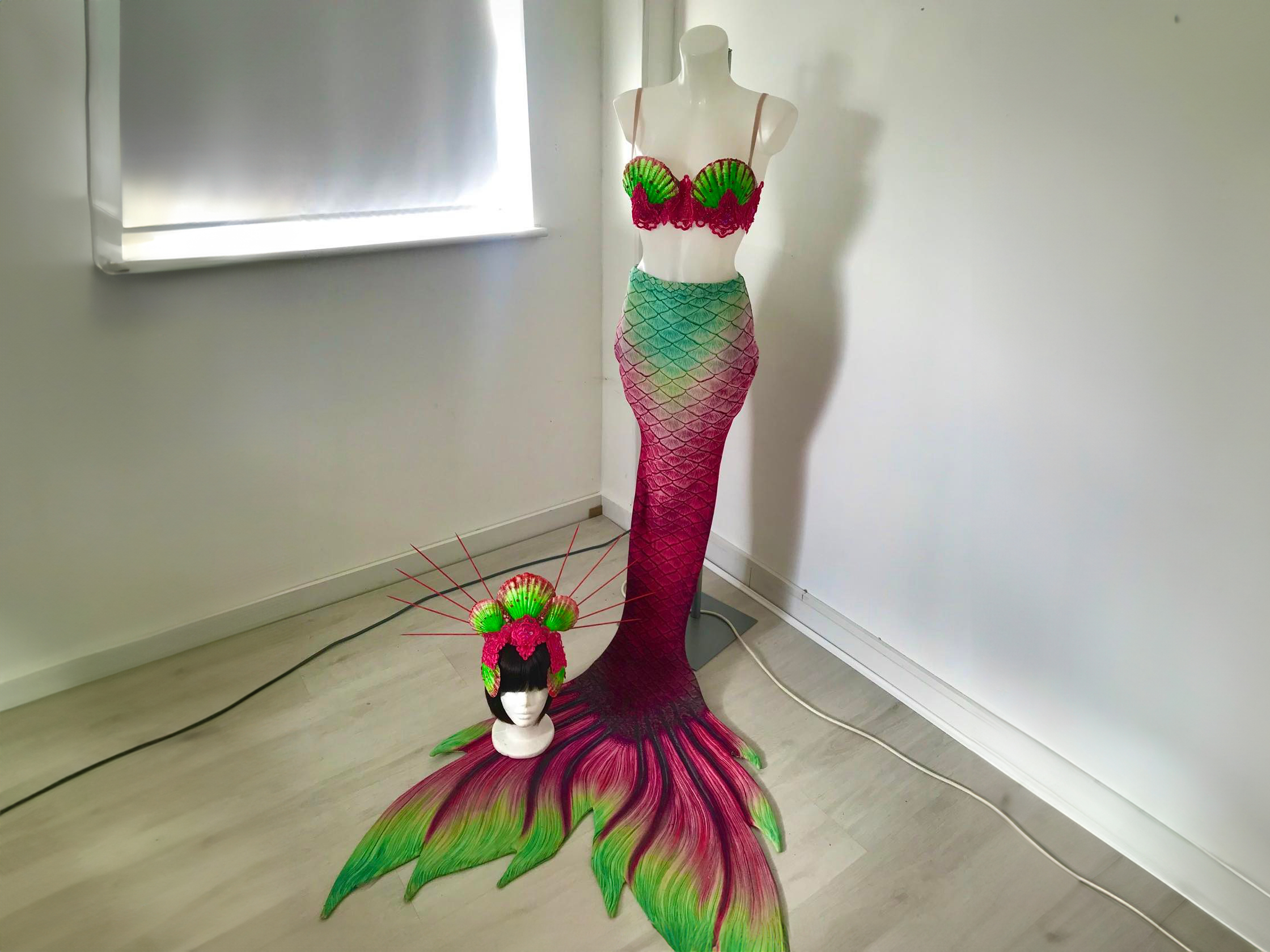 Mermaid tail, shell bra and headdress set