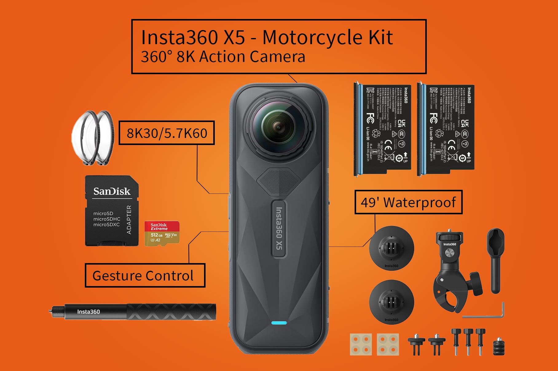 Insta360 x5 - 360 action camera motorcycle bundle