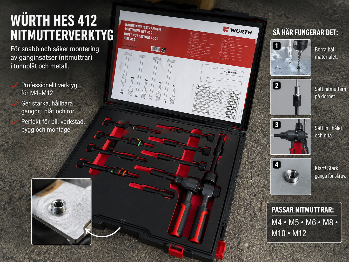 Würth nitmutterverktyg hes 412 m4–m12