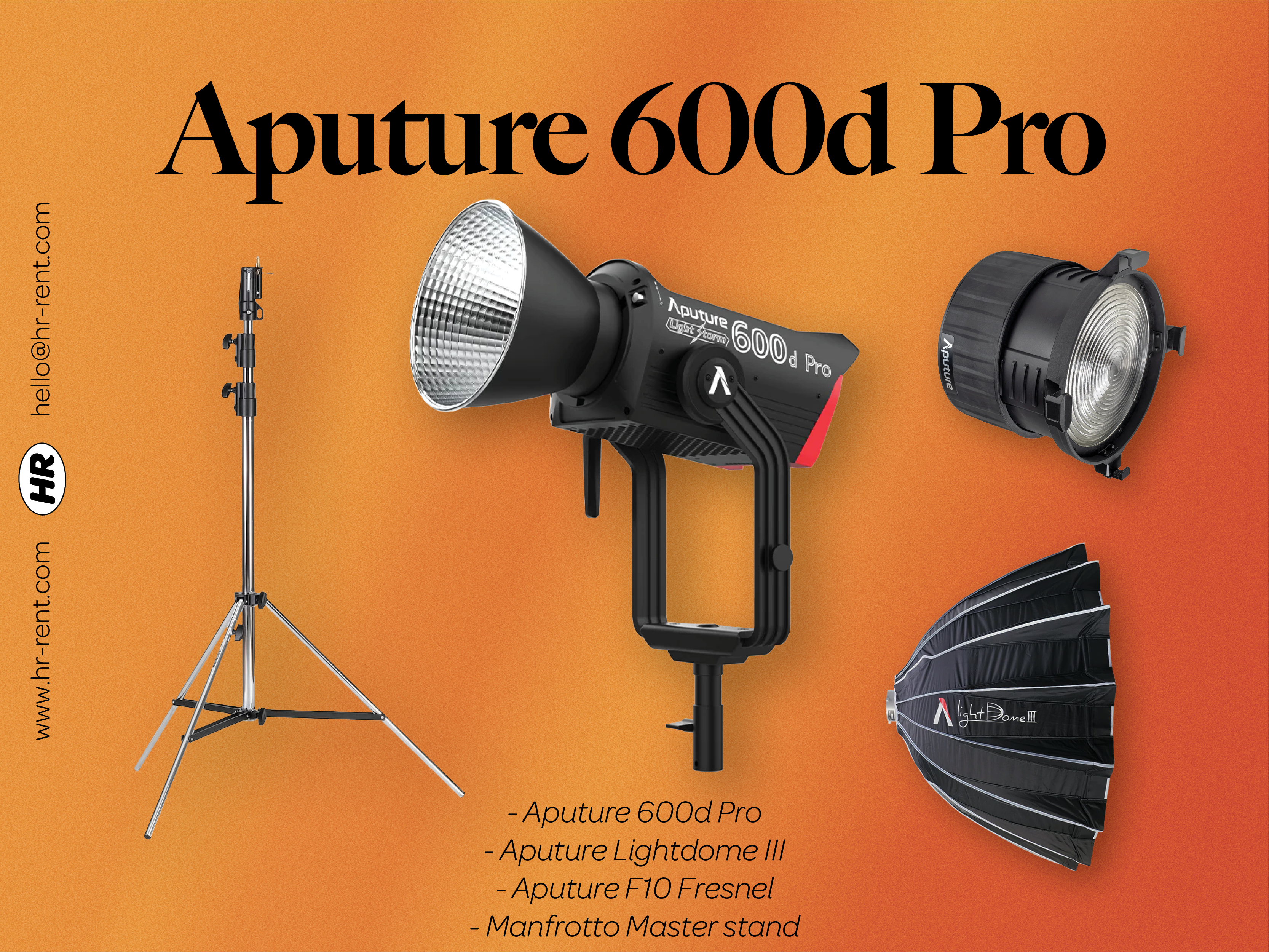 Aputure 600d pro + lightdome softbox + f10 fresnel + stand
