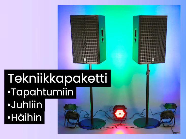 Kaiuttimet, mikit, valot, videotykki