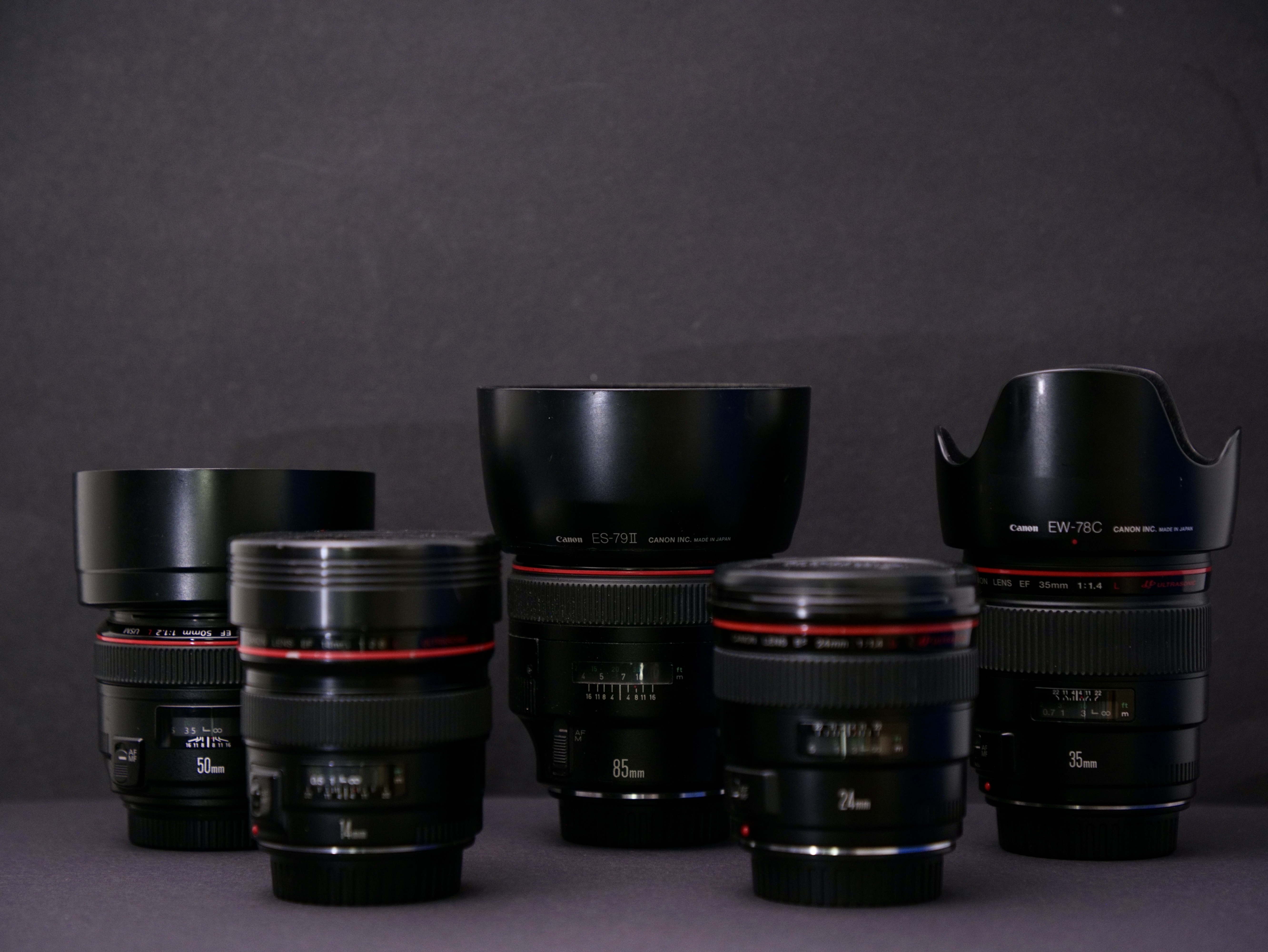 Canon ef l series 5x prime lens set: 85mm, 50mm, 35mm, 24mm, 14mm 