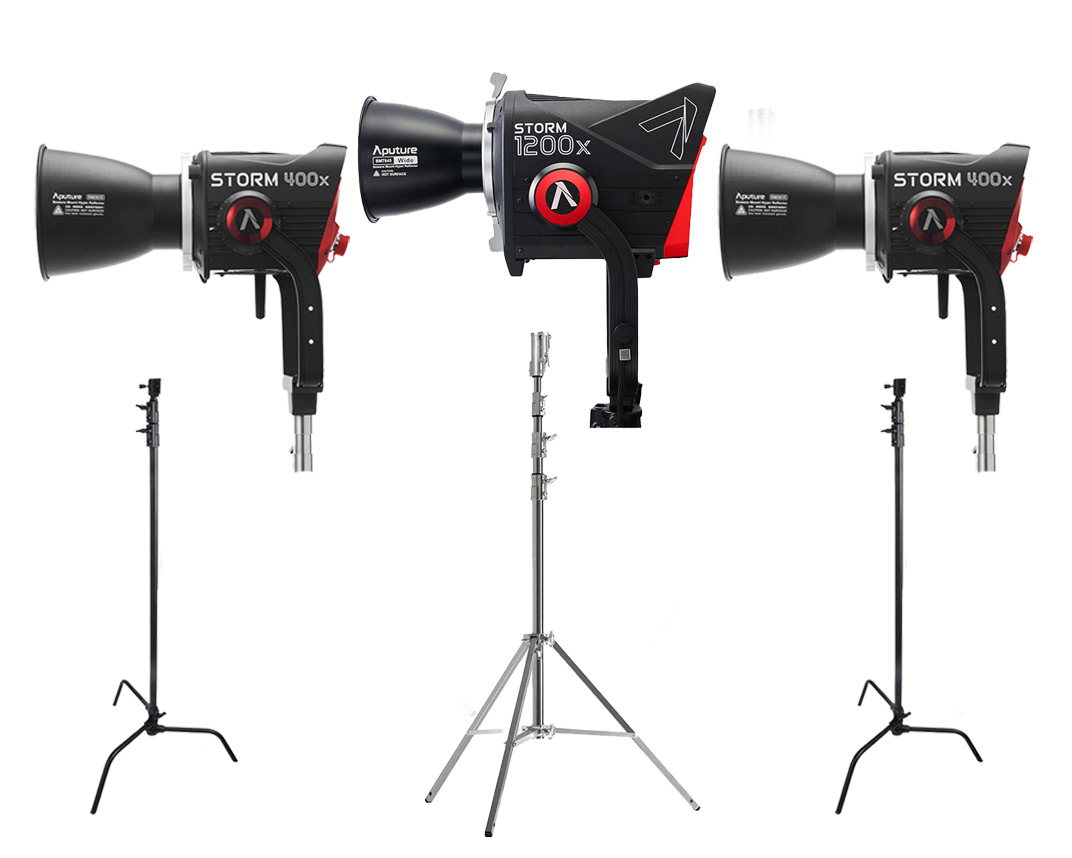 2x aputure storm 400x + 1x aputure storm 1200x kits with stands 