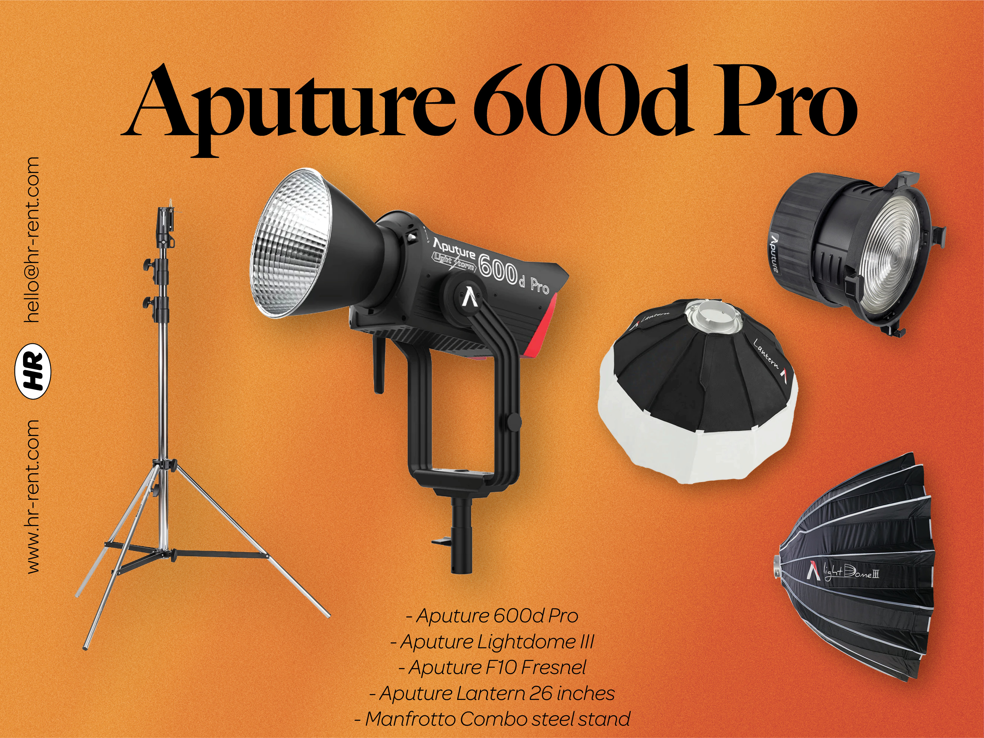 Aputure 600d pro + lightdome softbox + f10 fresnel + lantern 26 inch + stand