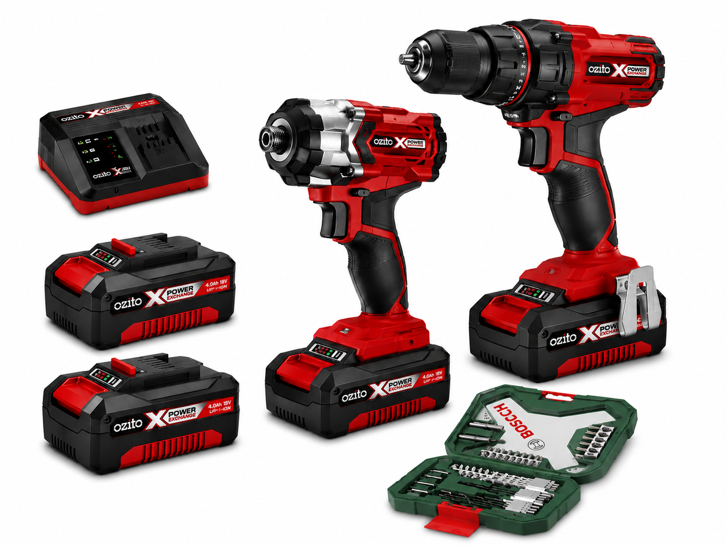 Ozito 18v cordless drill & impact driver kit | 2 batteries + bosch bit set