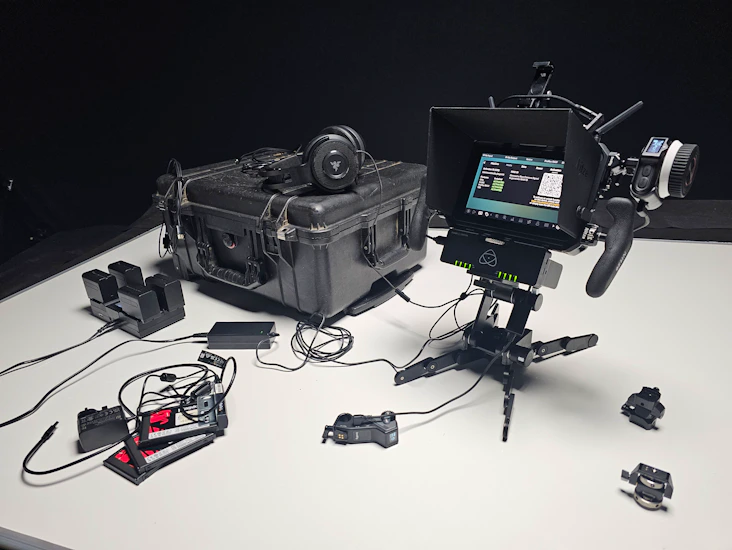 Complete monitor, record & wireless follow focus: atomos shogun ultra hdmi or sdi input / record prores raw or 422, lt, hq / cloud upload & live streaming / kingston ssd hard drives / 3.1 usb drive dock for fast offload / smallrig magicfiz focus / edelkrone stand / sunhood / handles / extra coldshoe & nato monitor mounts & phone holder / atomos power station hotswop np-f batteries or cont mains power / monitoring headphones / long hdmi cable