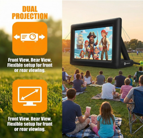 Inflatable projector screen, 16ft inflatable movie screen outdoor one-piece design front & rear projection blow up 16:9 hd movie screen outdoor projector screen for backyard movie night pool party
