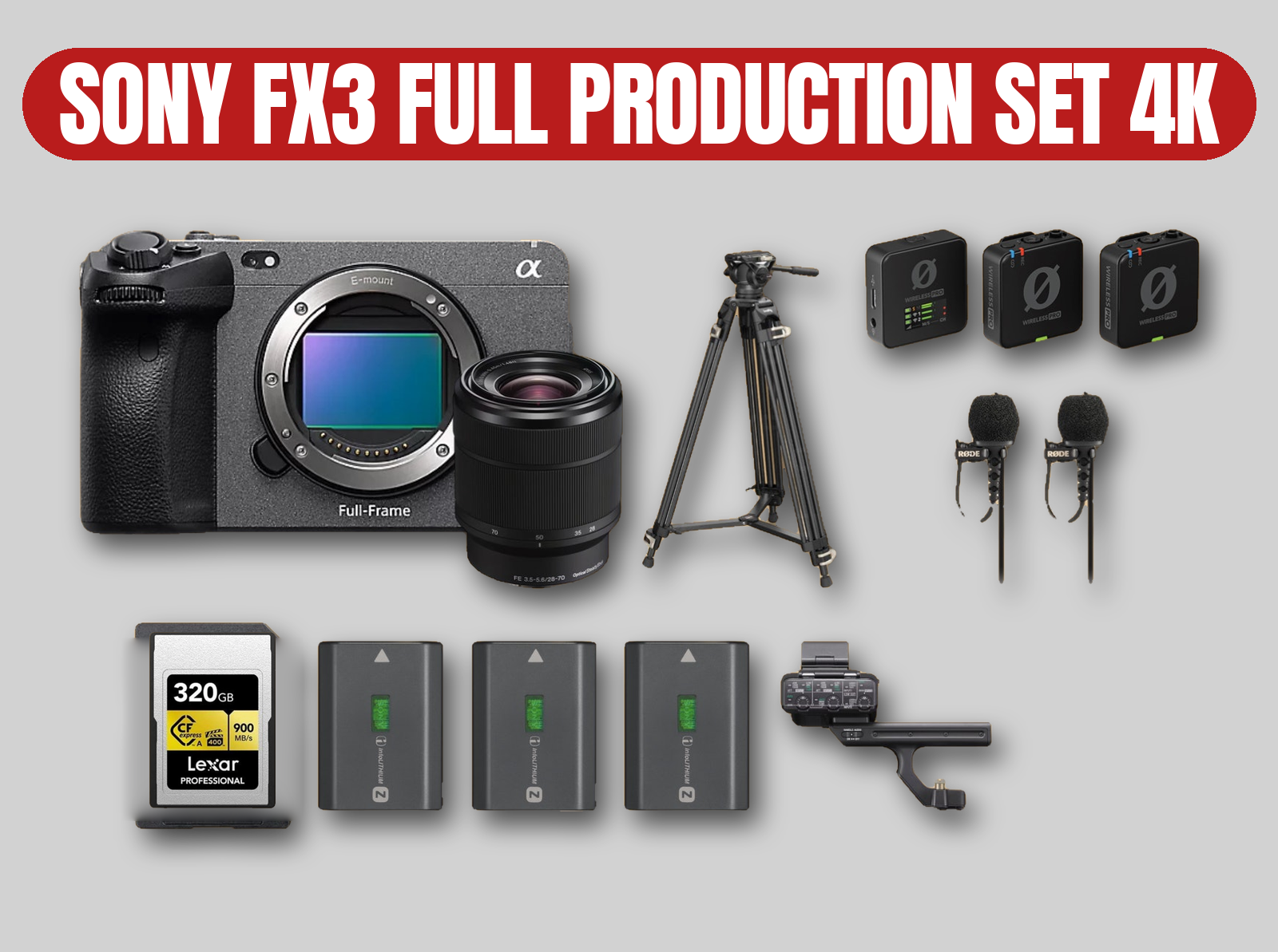 Sony fx3 full production kit | 4k cinema mirrorless full-frame camera, fx3, 28-70mm zoom, smallrig tripod, rode wireless pro mics & 2x lavalier