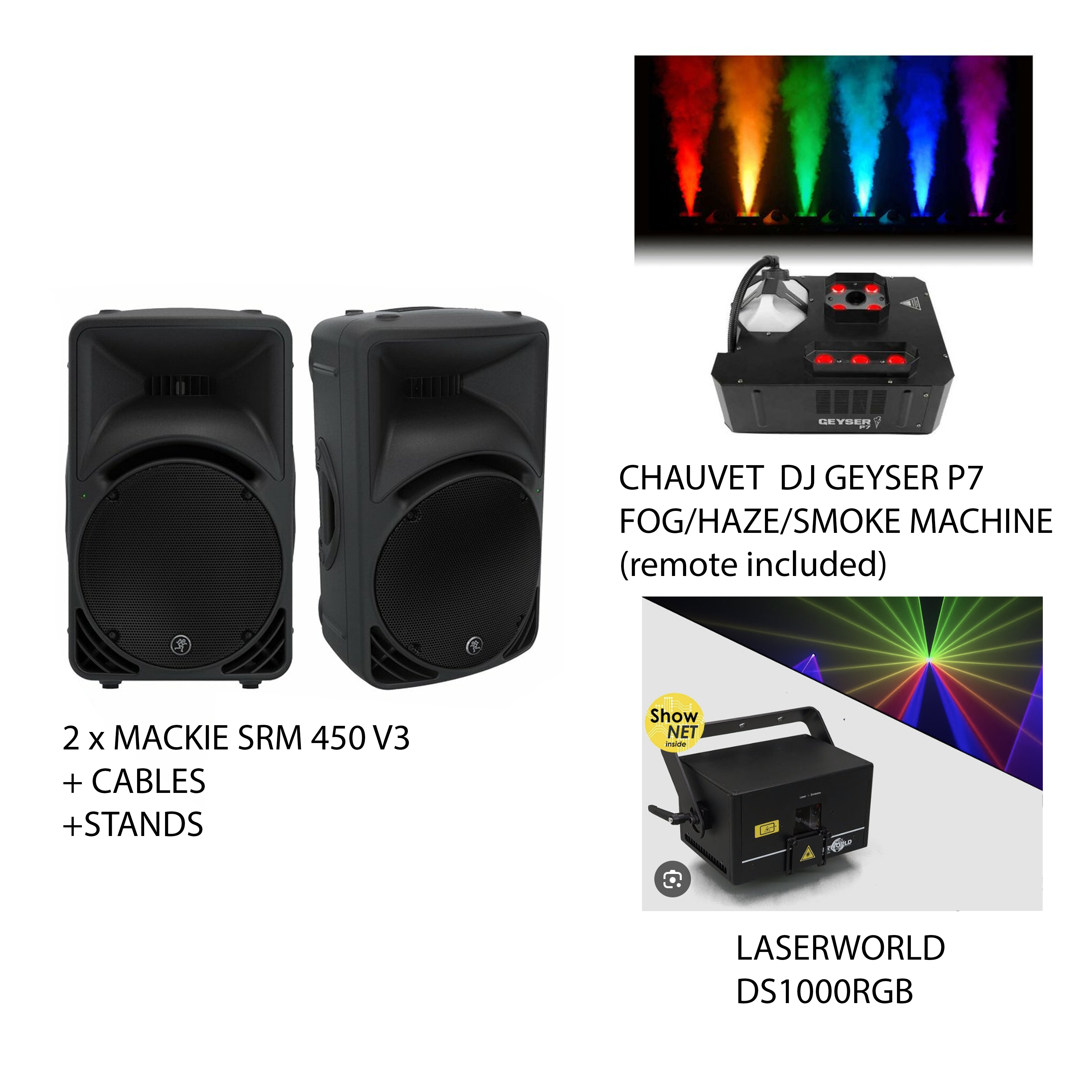 2 x mackie srm450v3 speakers 2000w + chauvet  dj geyser p7 fog/haze/smoke machine + laserworld ds1000rgb