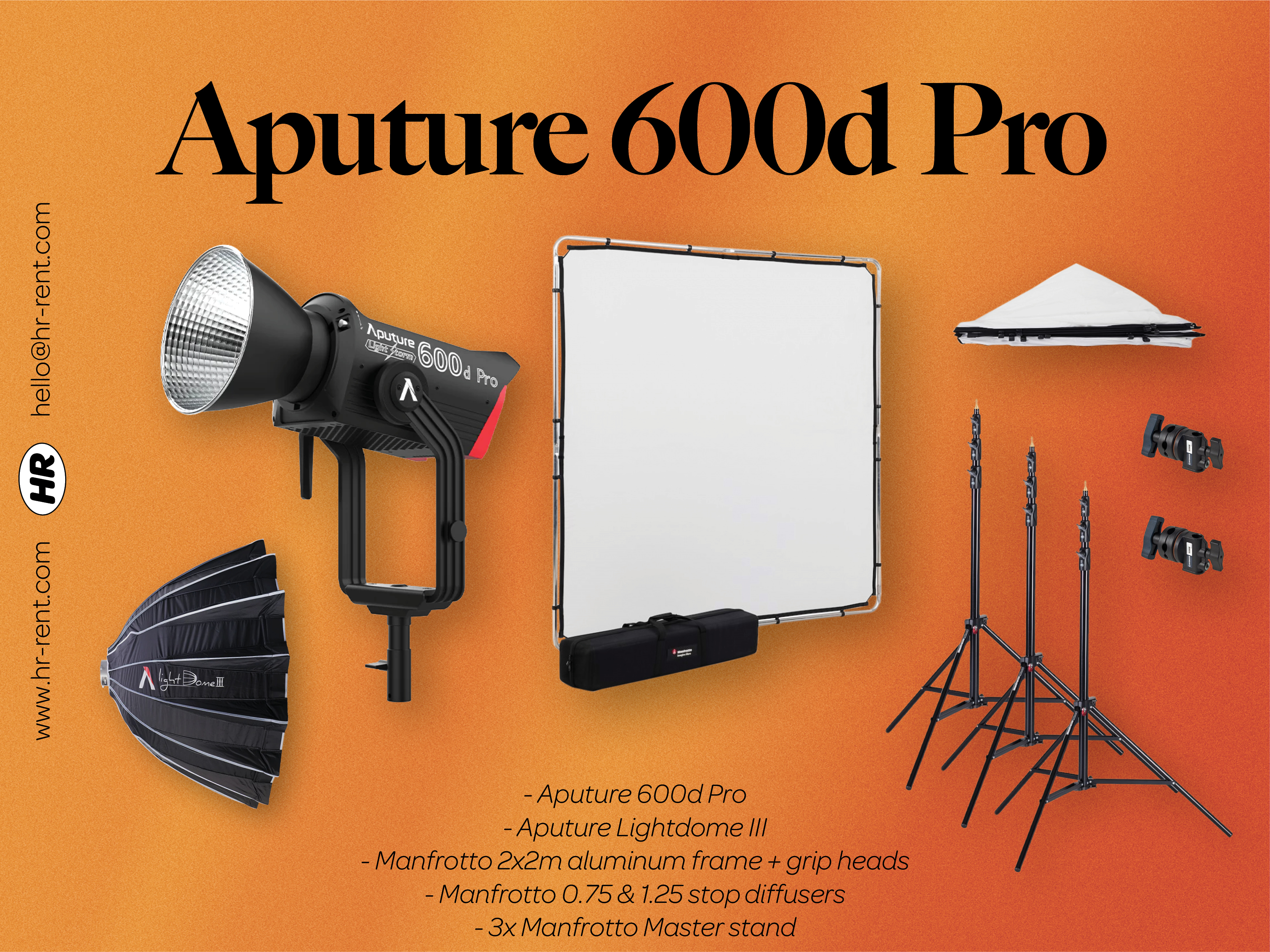 Aputure 600d pro + softbox + scrim jim / silk / butterfly frame + stands (led light)