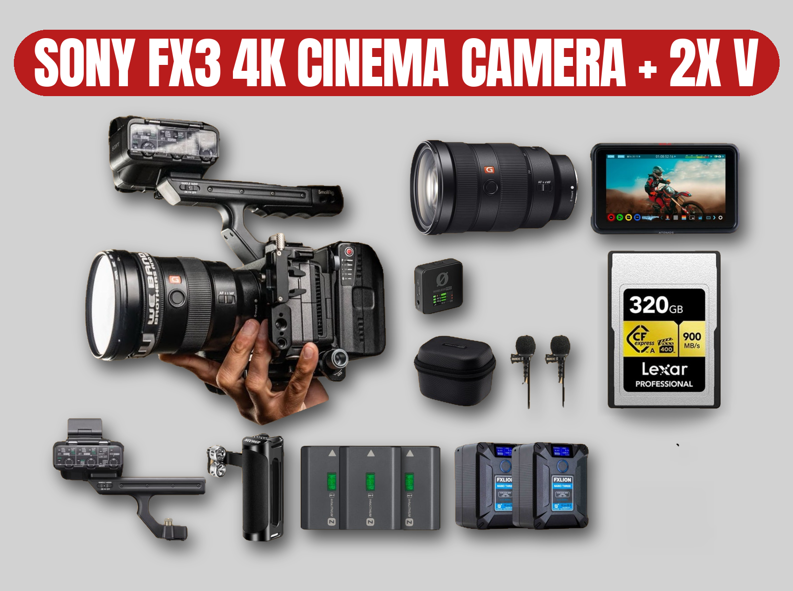 Sony fx3 4k cinema camera | g master zoom / 1tb ssd / v-mount / atomos monitor / rode wireless pro mic kit