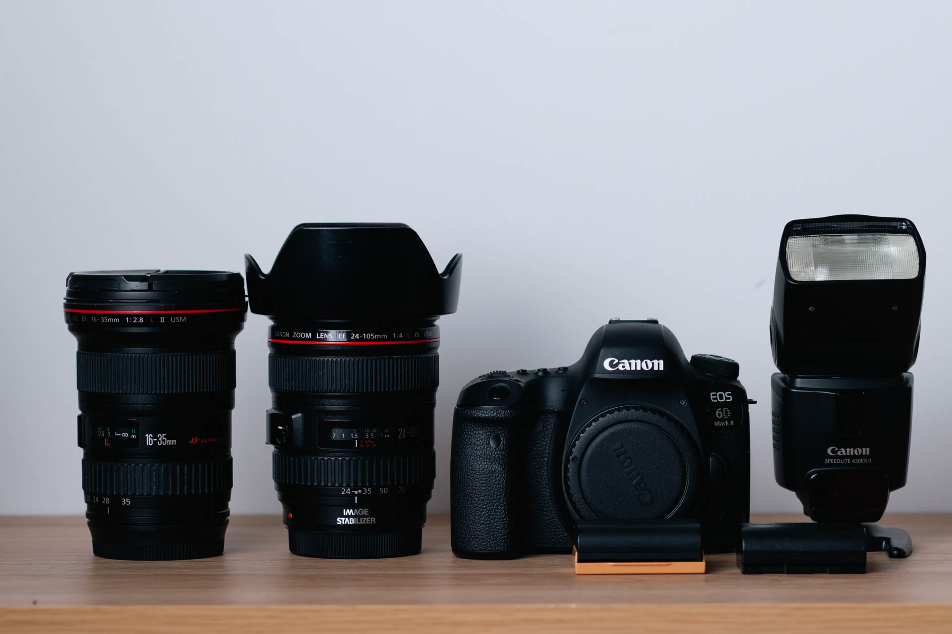 Canon wedding kit – 6d mark ii, 16–35 & 24–105 l, flash, batteries + card –