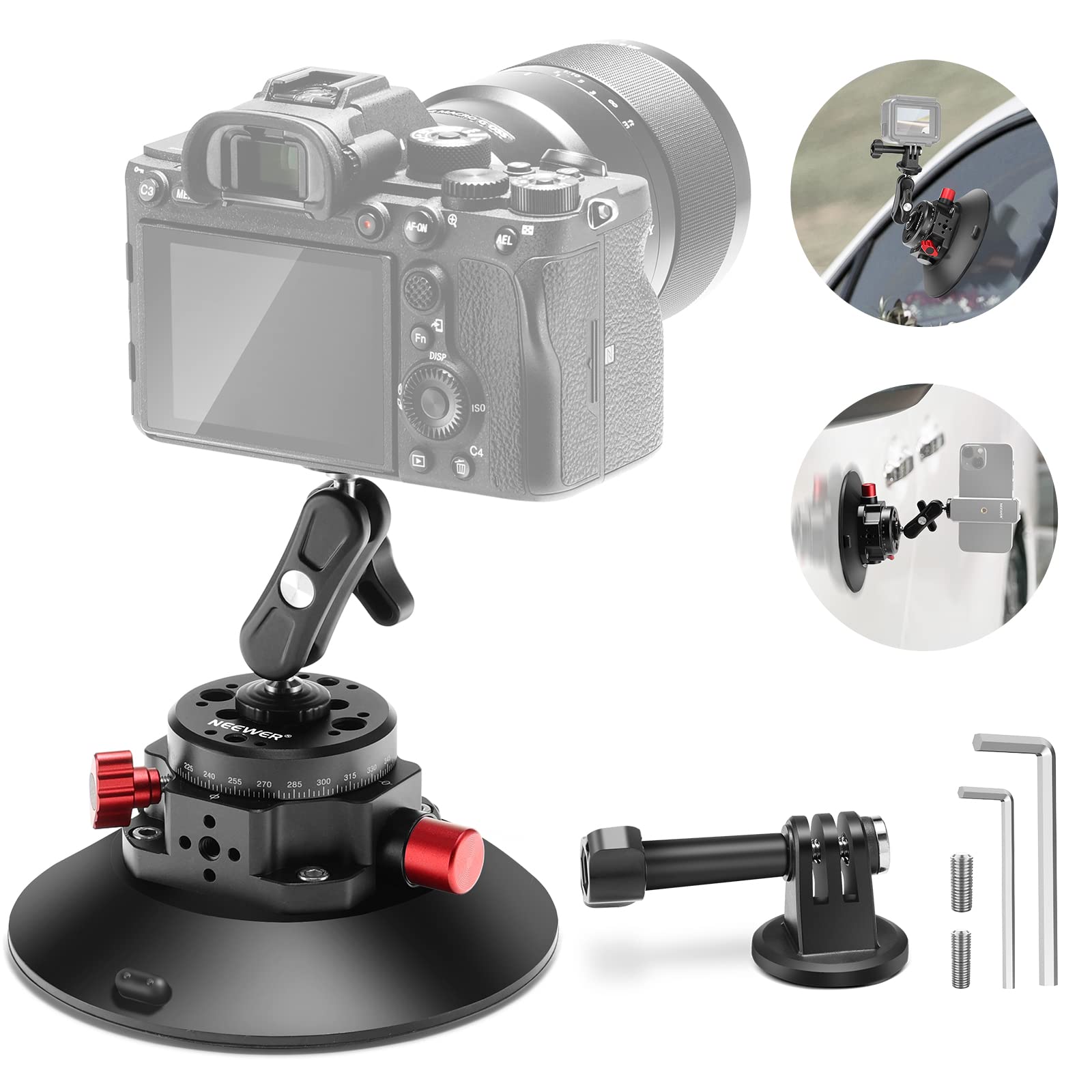Neewer 6" camera suction mount with ball head magic arm, metal car mount for