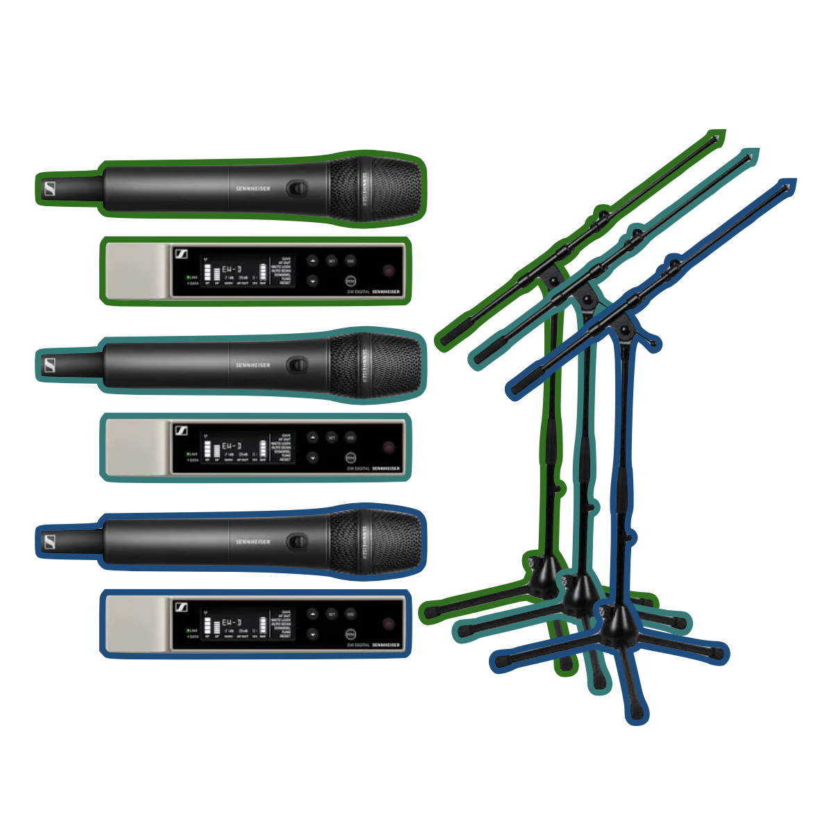 3x sennheiser ew-d  wireless microphone handheld with k&m 21010 microphone stand