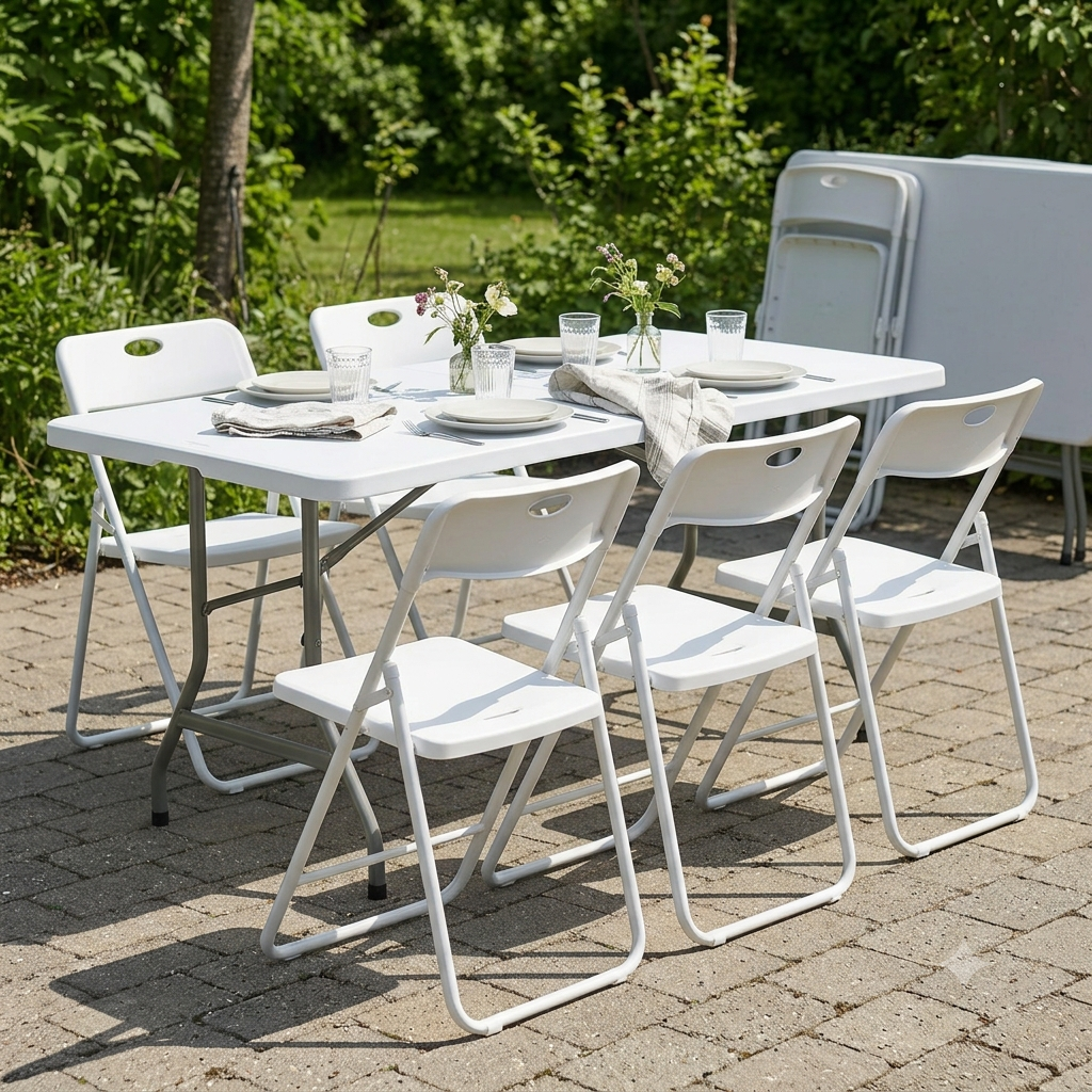 Hopfällbart bord med 6 stolar – för inne & ute (upp till 4 set / 24 pers)