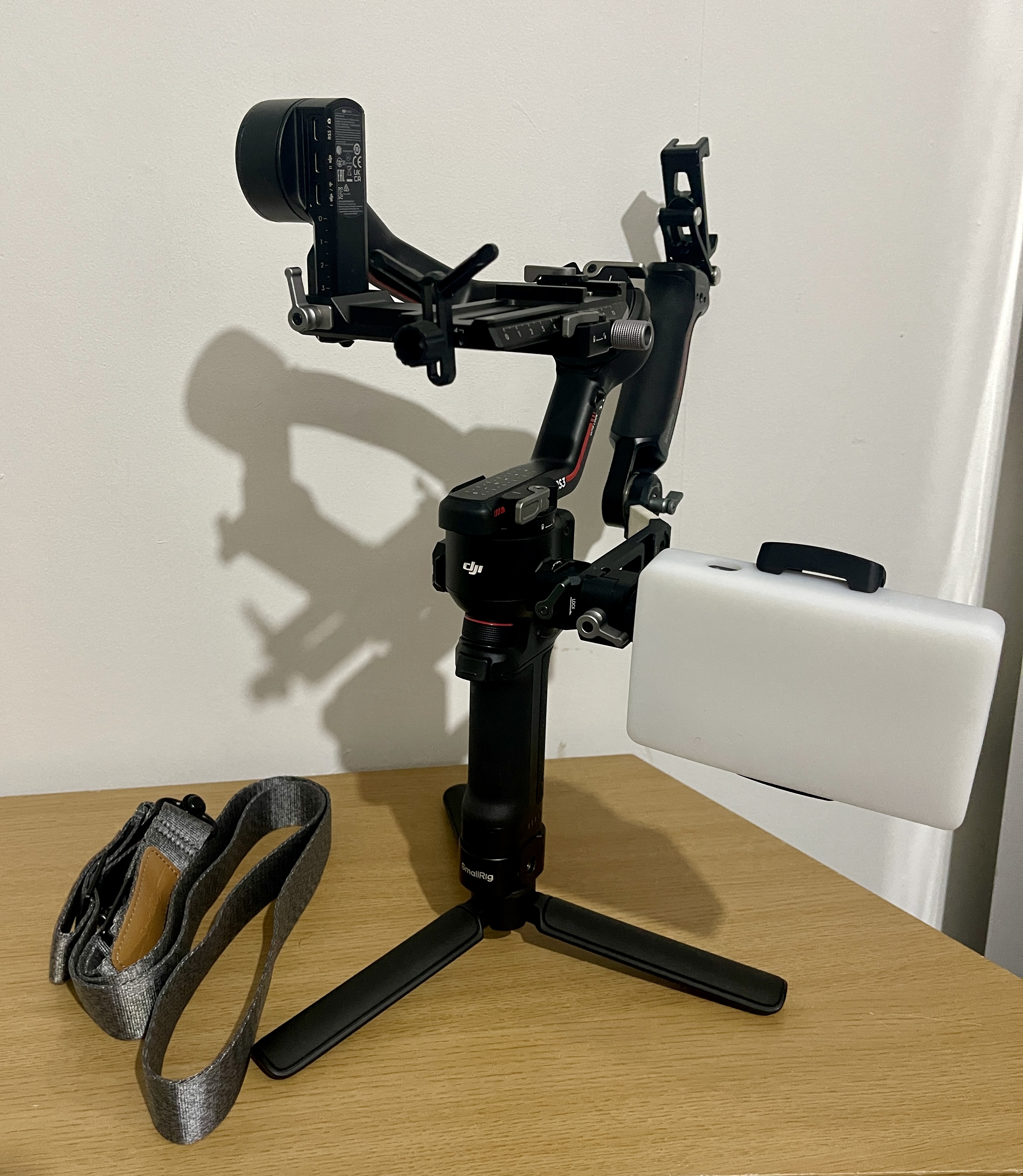 Dji rs3 gimbal + strap, grip handle, phone mounts, and lens support
