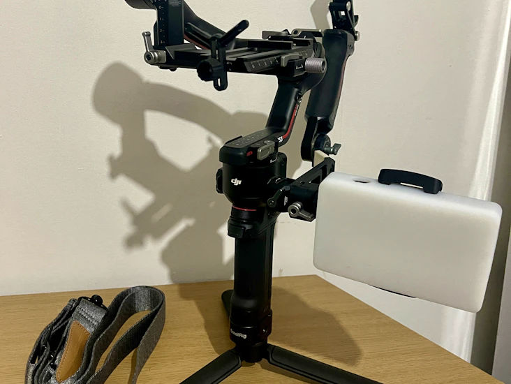 Dji rs3 gimbal + strap, grip handle, phone mounts, and lens support