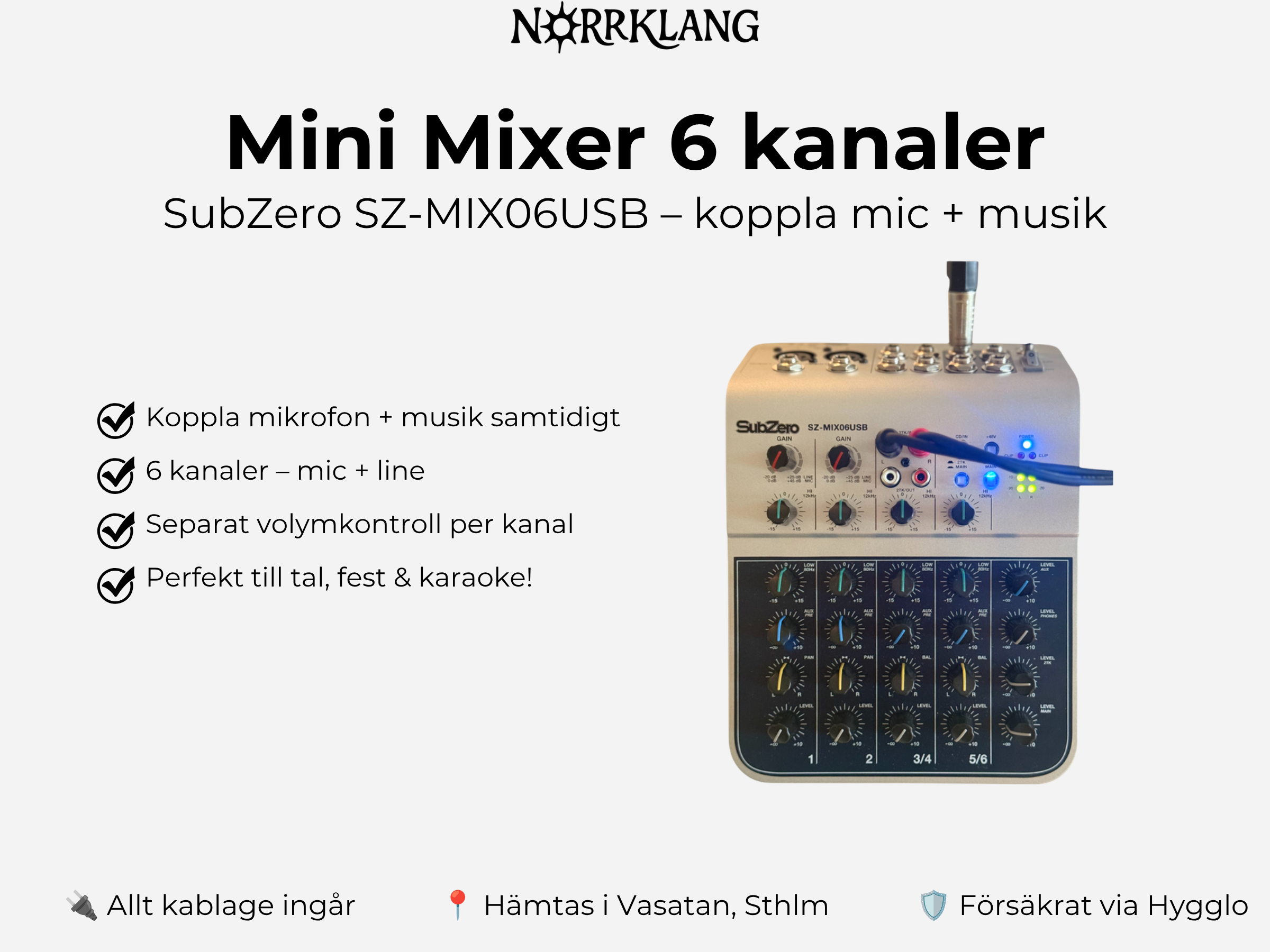 Mini mixer (6 kanaler) – koppla mic + musik samtidigt