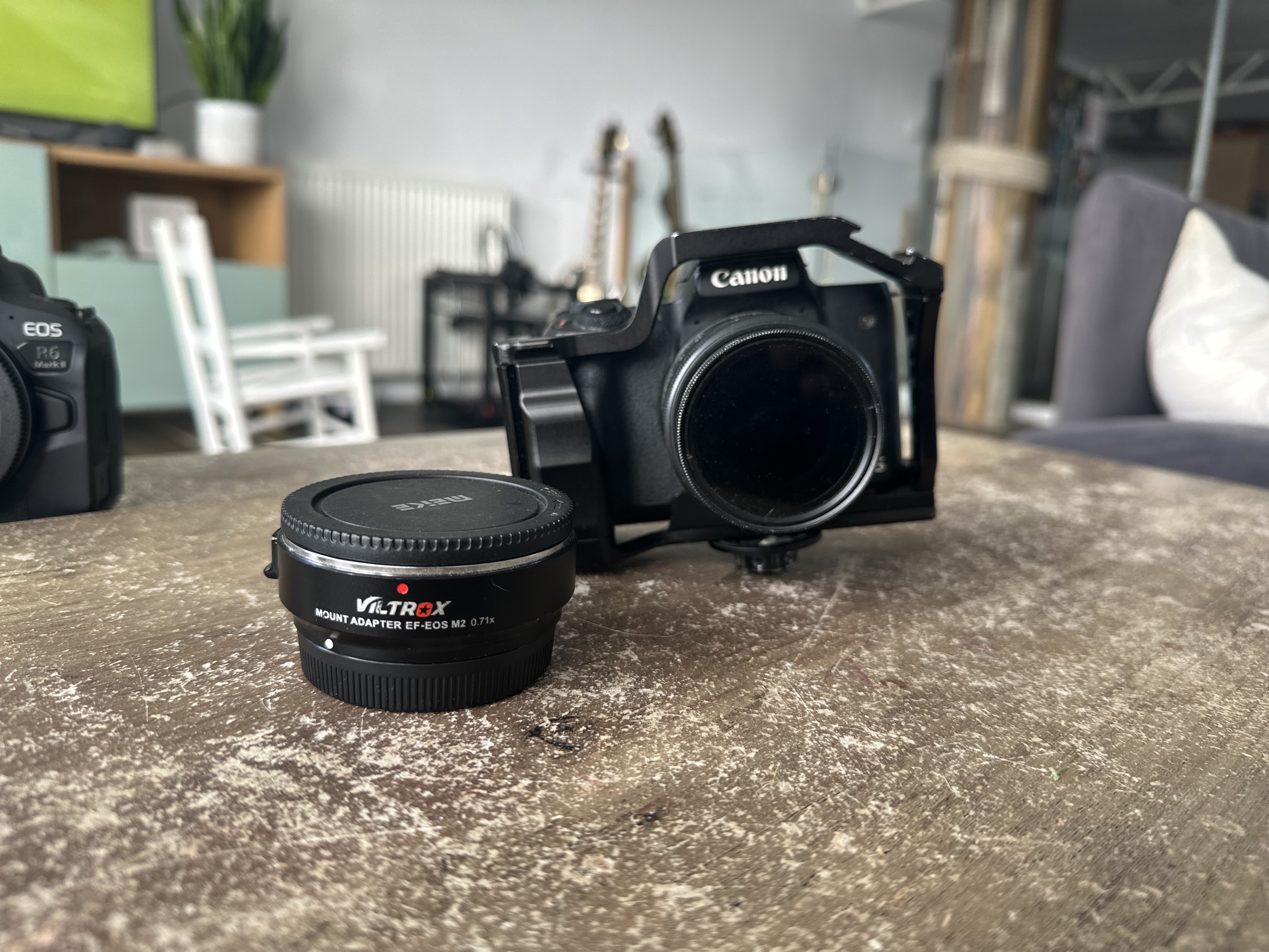 Canon m50 + 15-45mm + rig cage + variable nd + viltrox ef-eos m2 speed booster