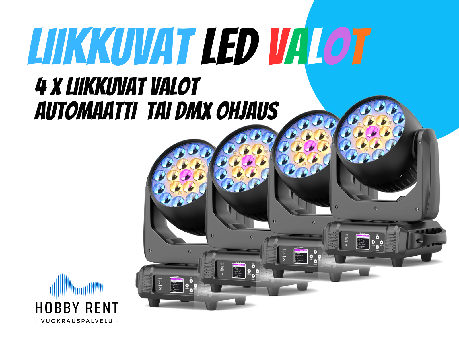 Näyttävä valoshow juhliisi - 4x liikkuvat moving head -valot