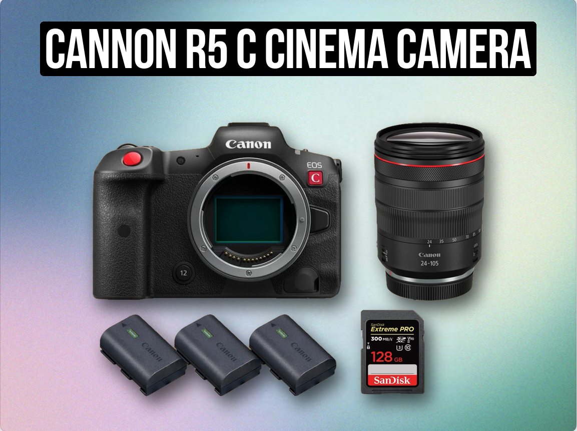 Cannon r5 c cinema camera + 24-105 rf lens + sd card + 3x batteries
