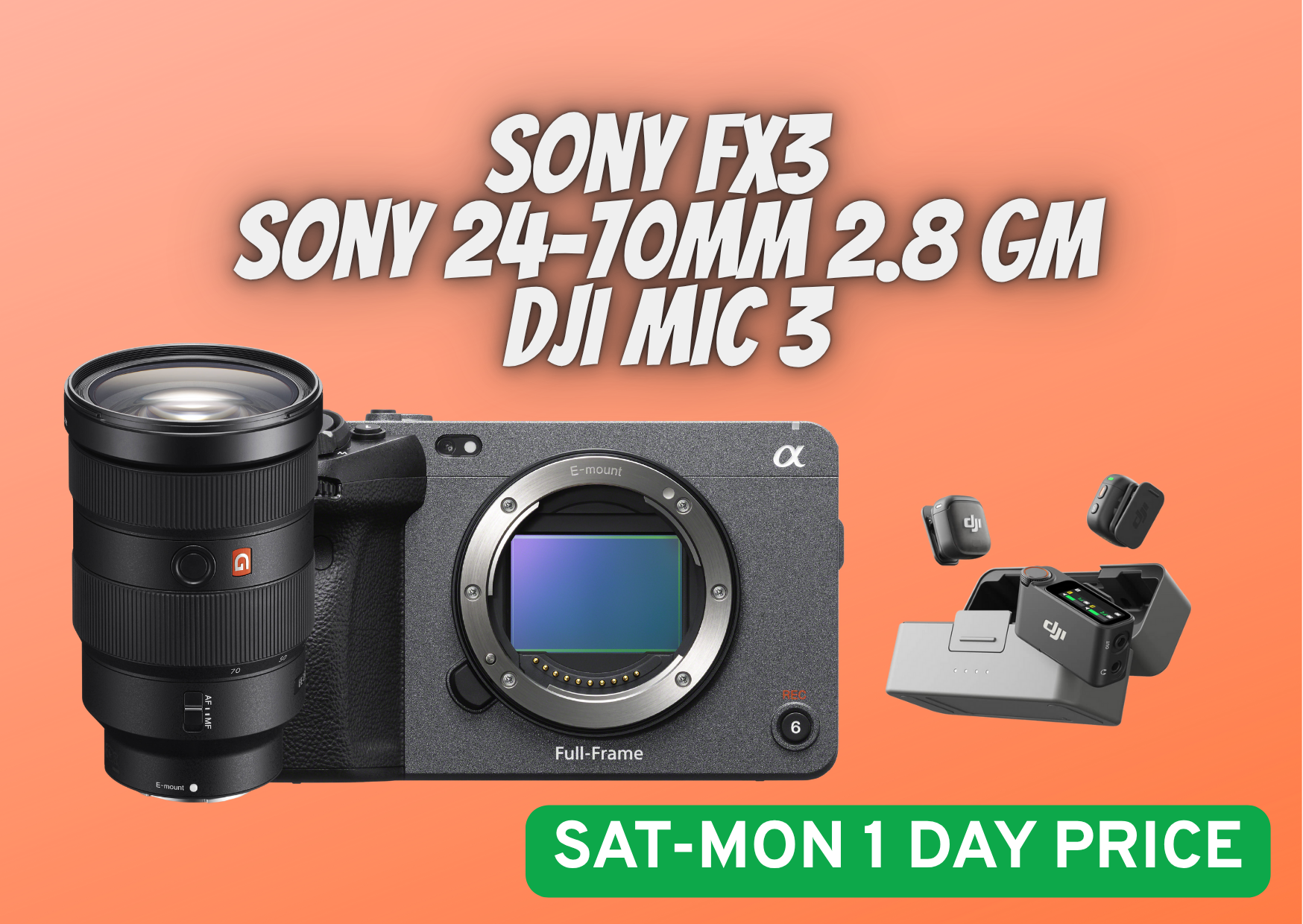 Sony fx3 + 24-70mm 2.8 lens gm + sony 320gb cfexpress + dji mic 3