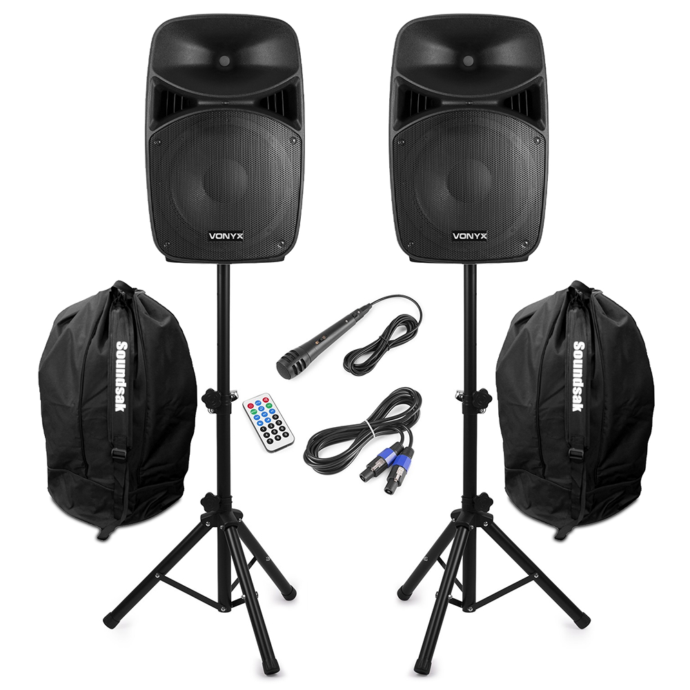 1000w vonyx 15" bluetooth pa speaker system + stands, mic & carry bags