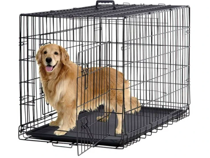 Double-door 48" metal dog crate with divider and tray