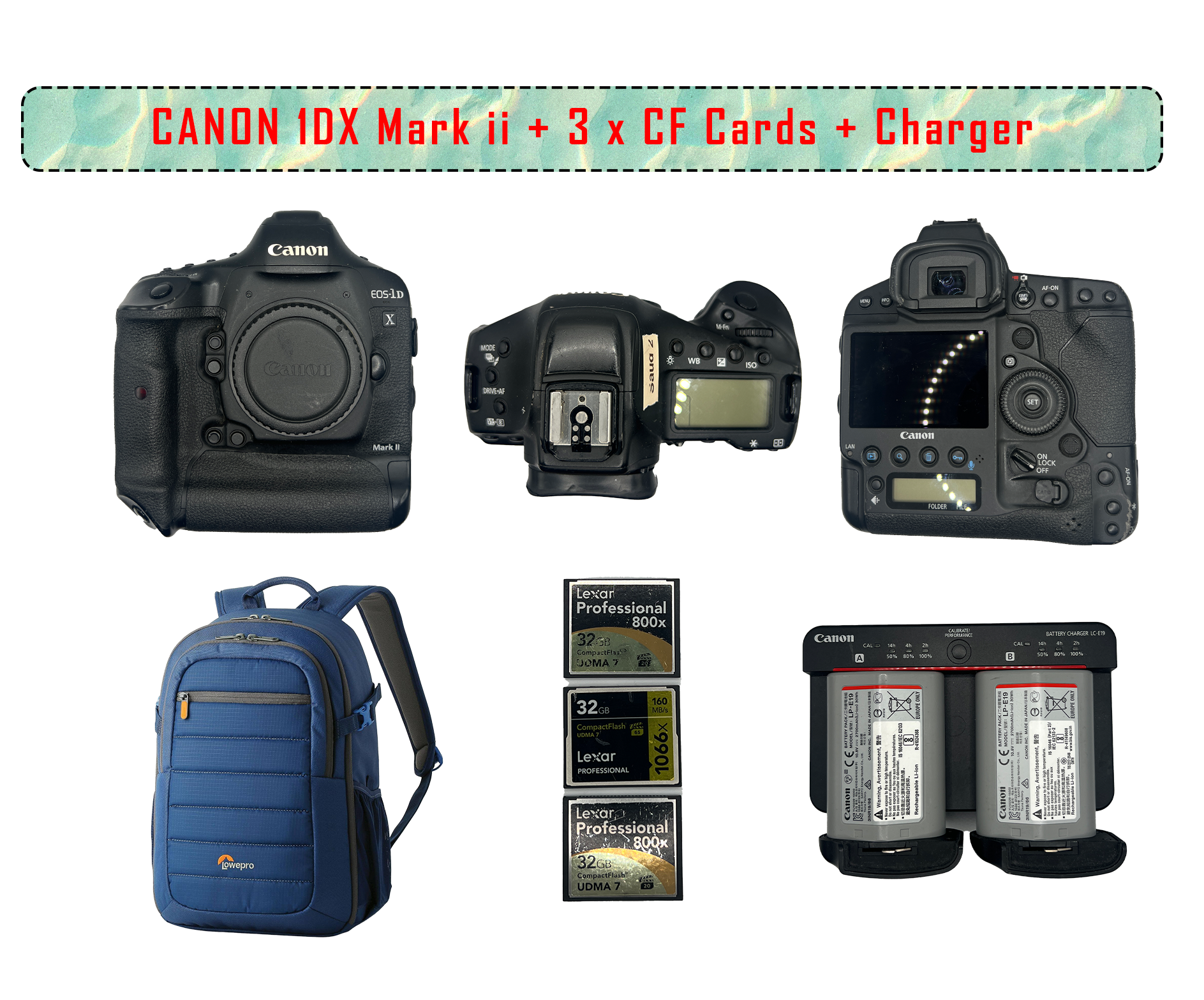 Canon 1dx mark ii body + 3 x cf cards + reader + charger