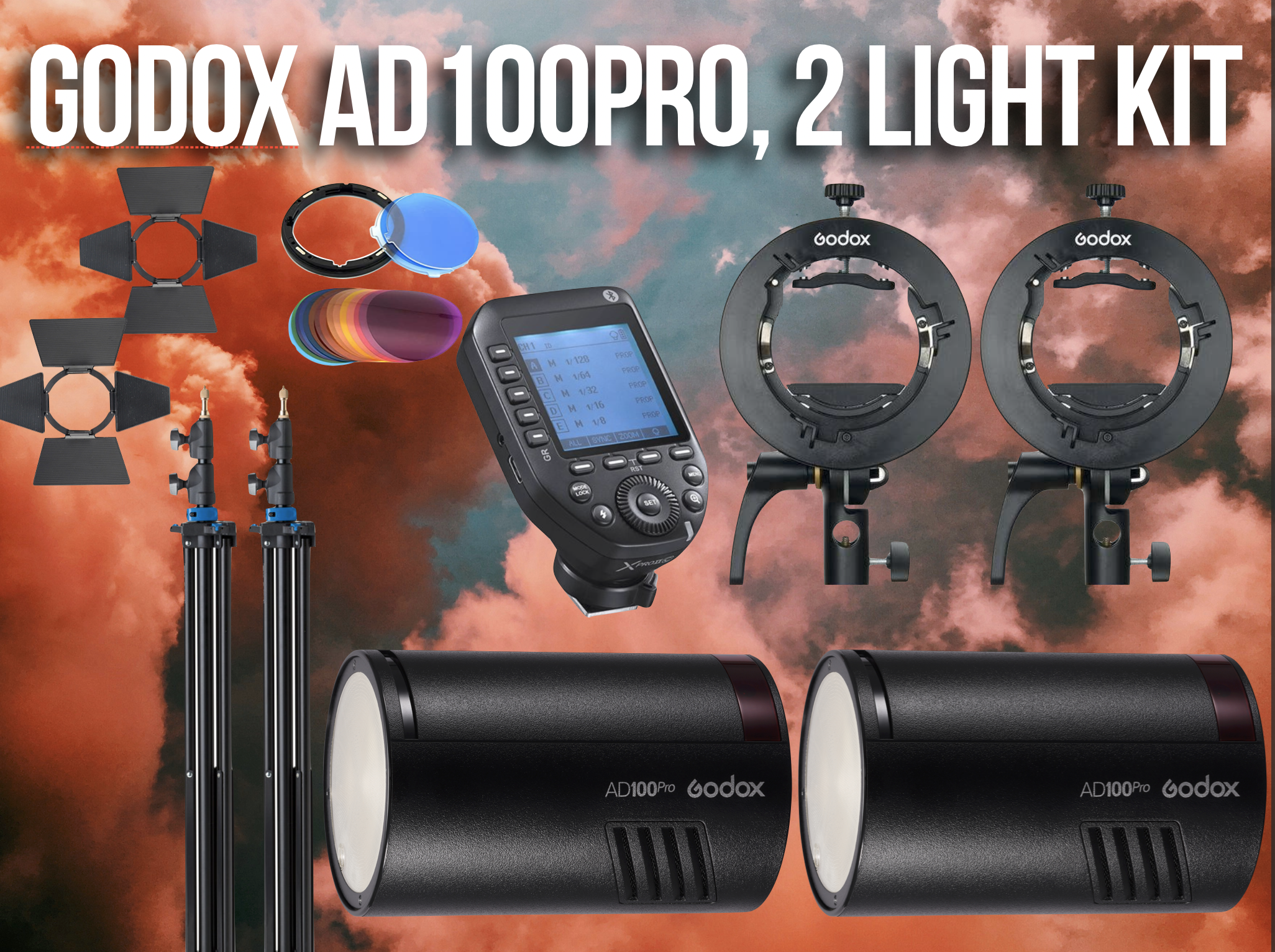 Godox ad100pro 2 strobe lighting kit with trigger, stands and accessories 