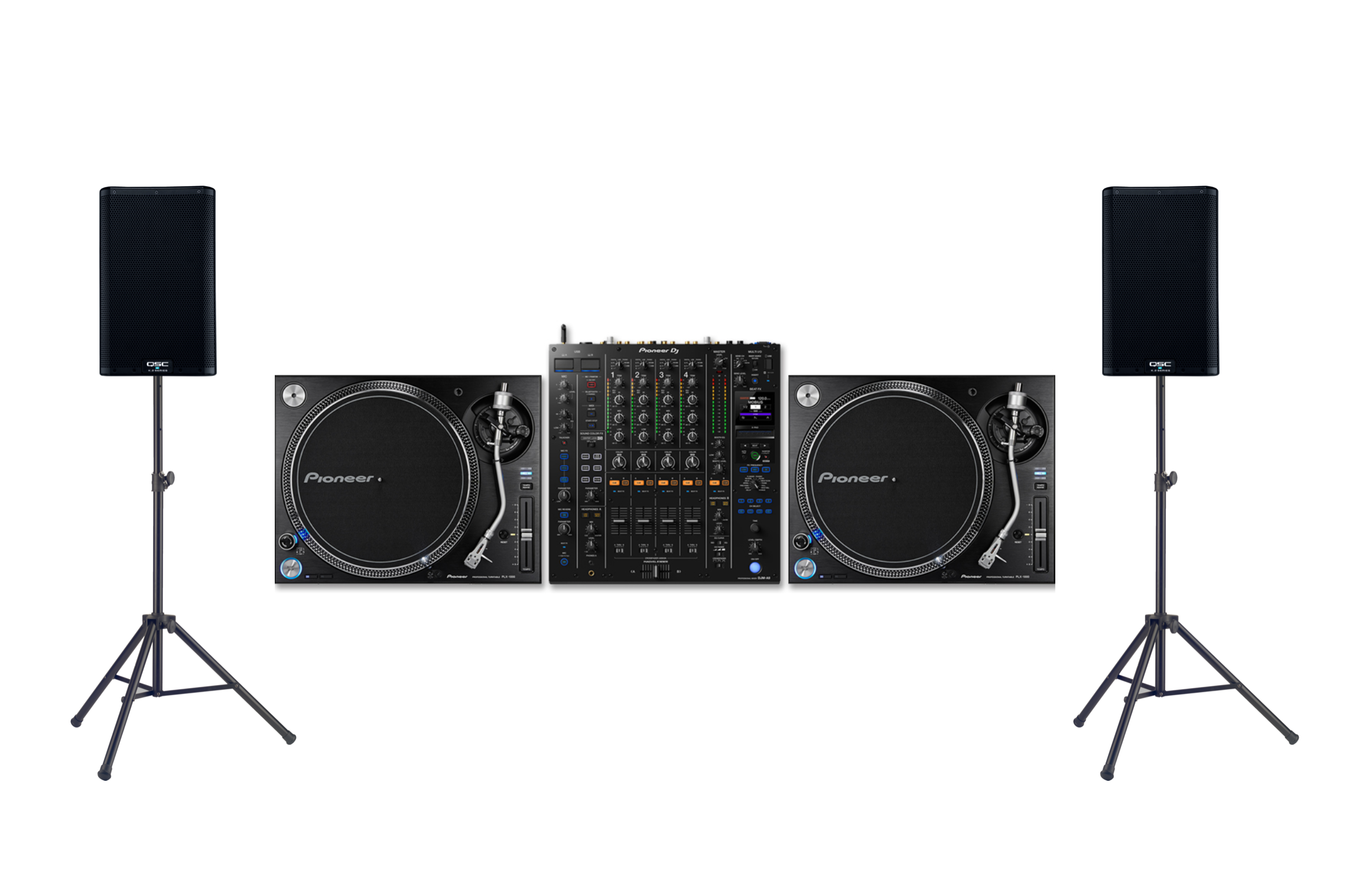 Pioneer dj 2x plx 1000 turntables / vinyl  & djm-a9 mixer with needles + 2x qsc k8.2 8'' active pa speaker with stand