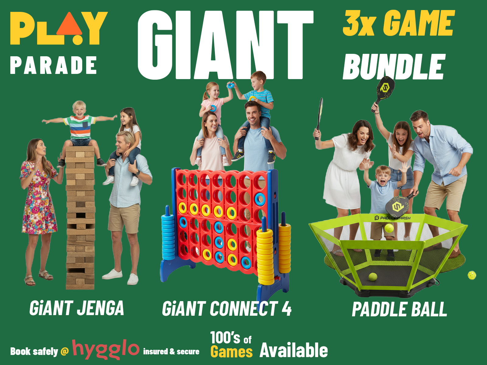 Giant party game bundle – giant jenga, giant connect 4 & paddle ball garden games