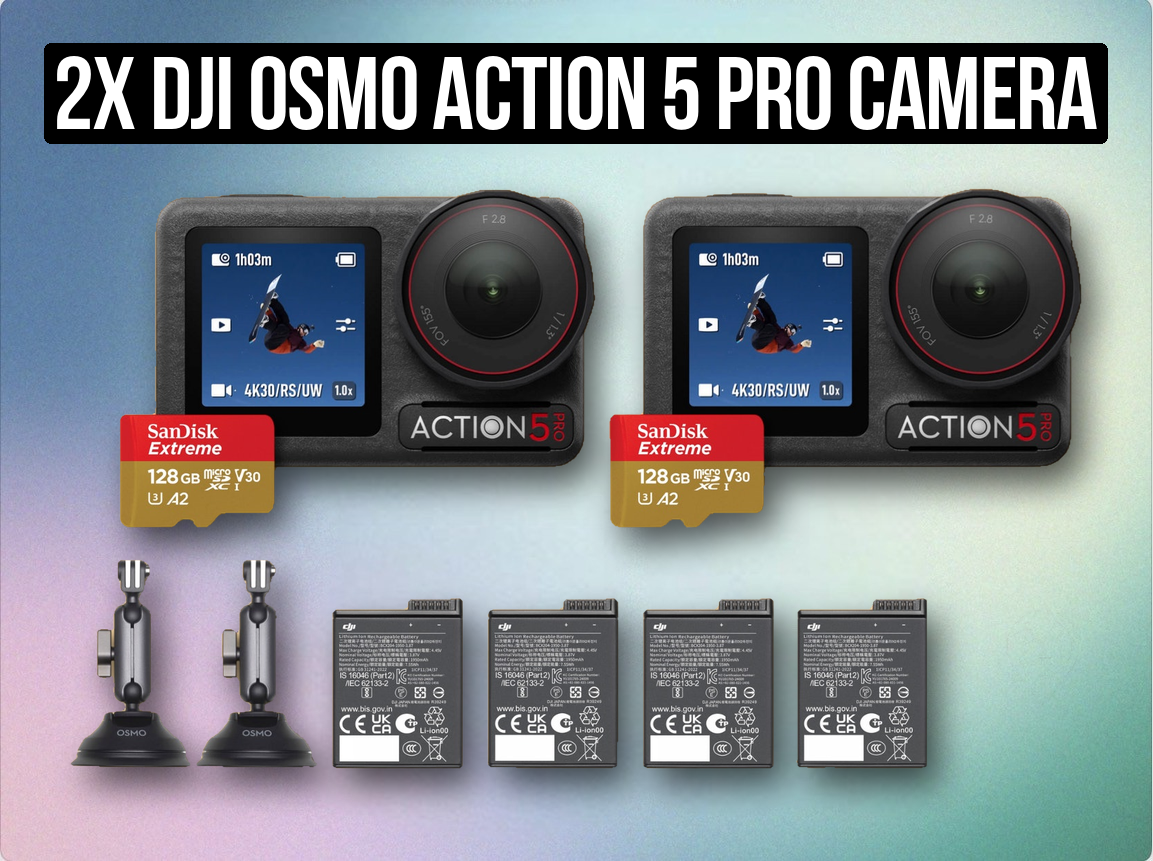 2x dji osmo action 5 pro camera 4k + suction cup mount + 128 gb card + batteries ( like go pro hero 13 ) 