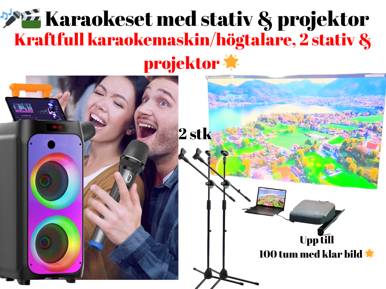 🎤🎉 fulländat karaokepaket för fest & event – högtalare, projektor & 2 mikrofonstativ! 🎉🎤