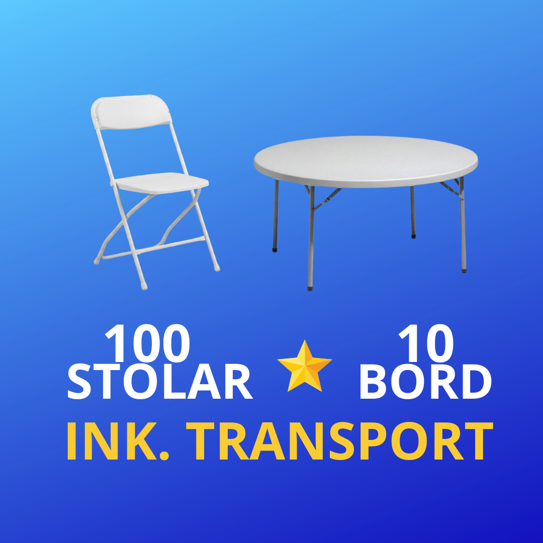 10 runda bankettbord  med 100 vita/svarta klappstolar - paketpris ⭐ (inklusive transport)