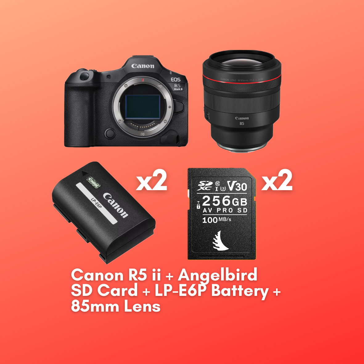 Canon eos r5 mark ii + rf 85mm f/1.2 l + 2× angelbird 256gb sd + 2× lp-e6p