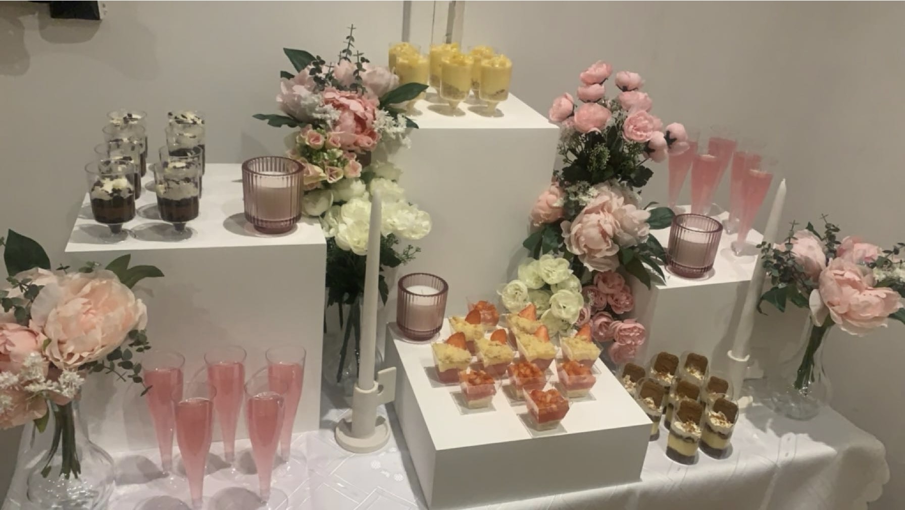 Dessert and savory food stands, party decoration