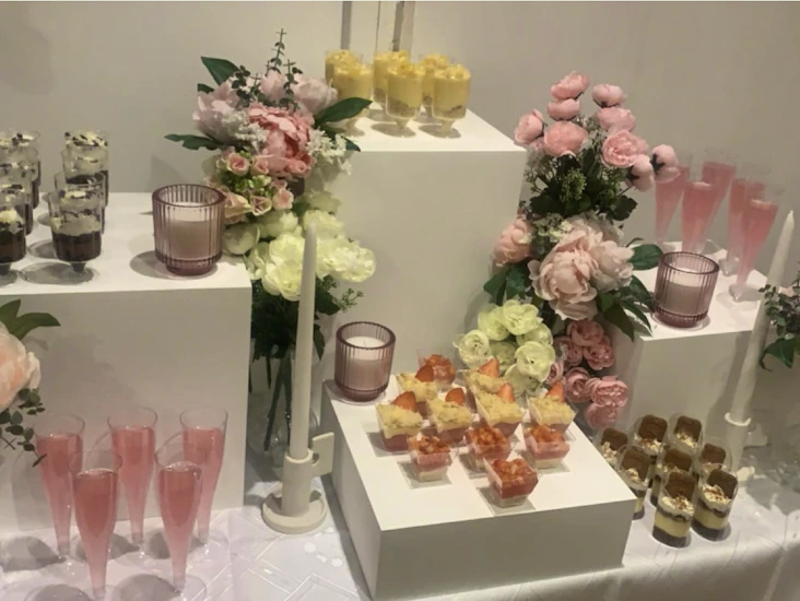 Dessert and savory food stands, party decoration