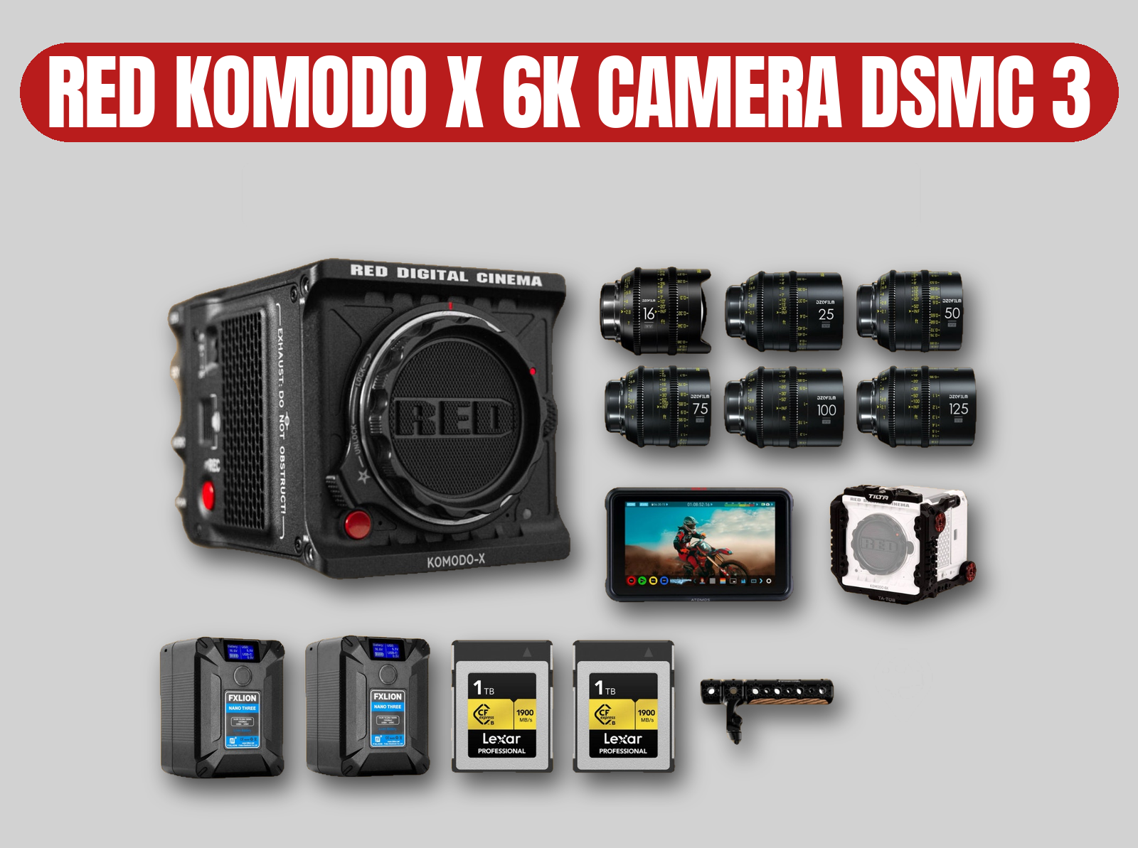 Red komodo x 6k dsmc3 digital cinema camera | dzo vespid prime lens set / atomos 4k monitor / v-mount batteries / 1tb cfexpress cards