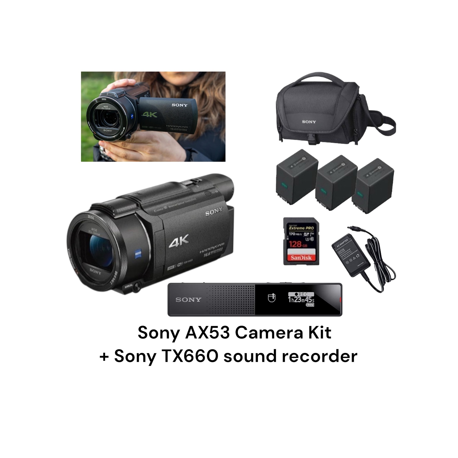 Sony fdr-ax53 handycam camera camcorder 4k sony icd-tx660 sound recorder 