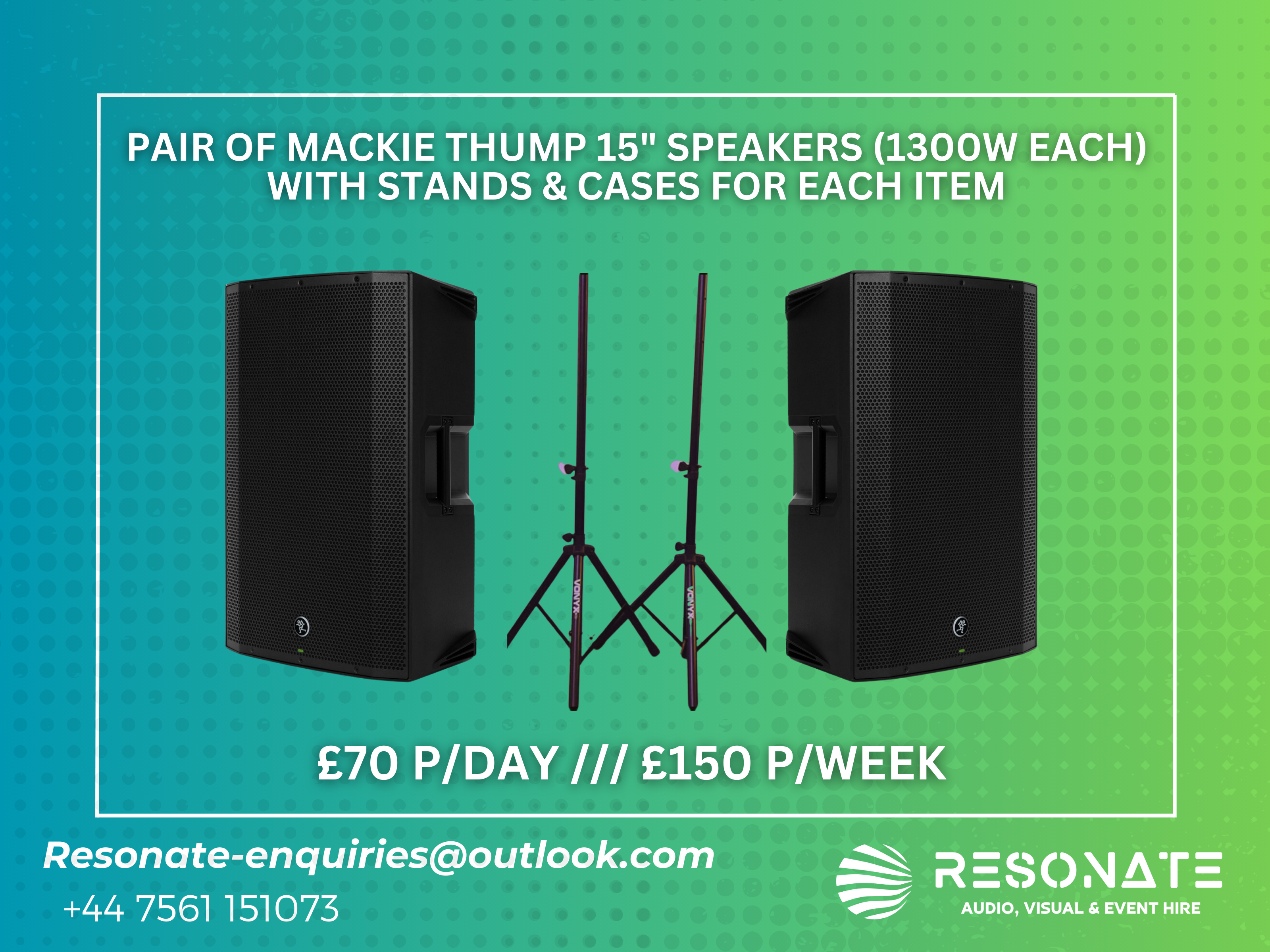 Pair of mackie thump 15” (1300w) pa speakers with cases & tripods 