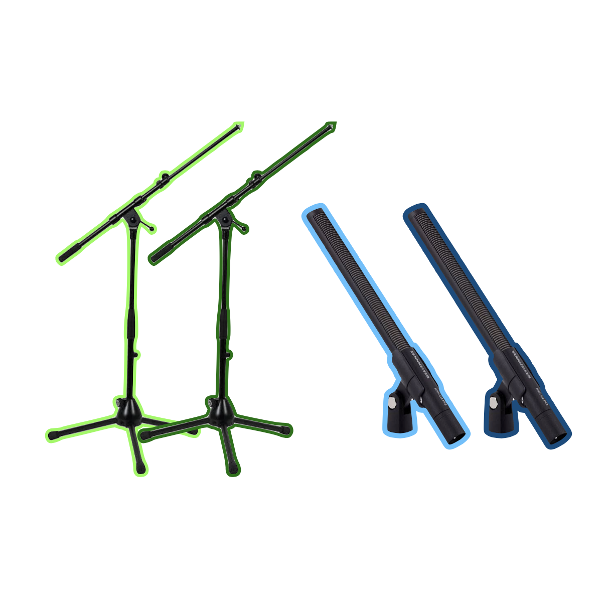 2x sennheiser mkh 416 p48 shotgun microphone + stands